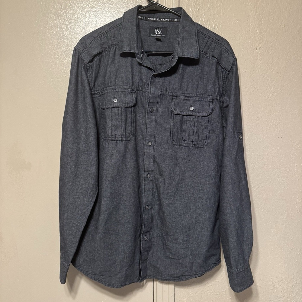 R&R Men's L Alt Core Emocore Y2K STYLE Denim Charcoal Button Up